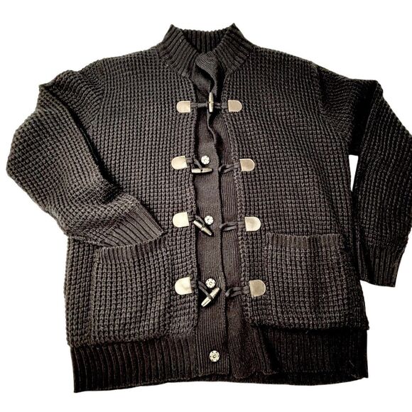 WEATHERPROOF VINTAGE Toggle Waffle Stitch Sweater Jacket Fur Lined Black - Picture 2 of 10